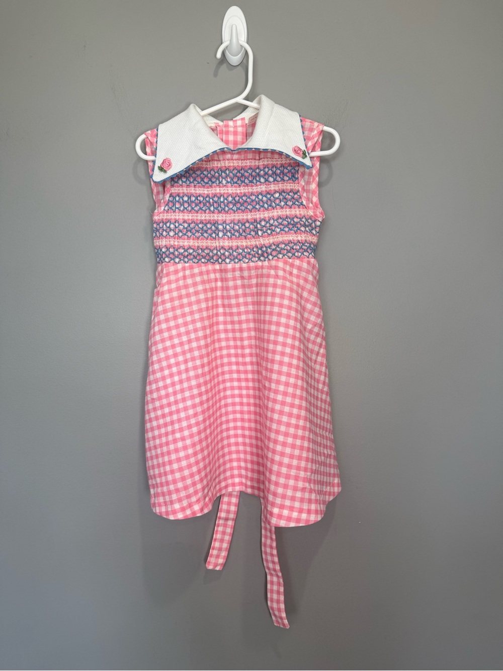 Girls Pink Gingham Smocked Dress Embroidered Collar Size 6 Easter Church